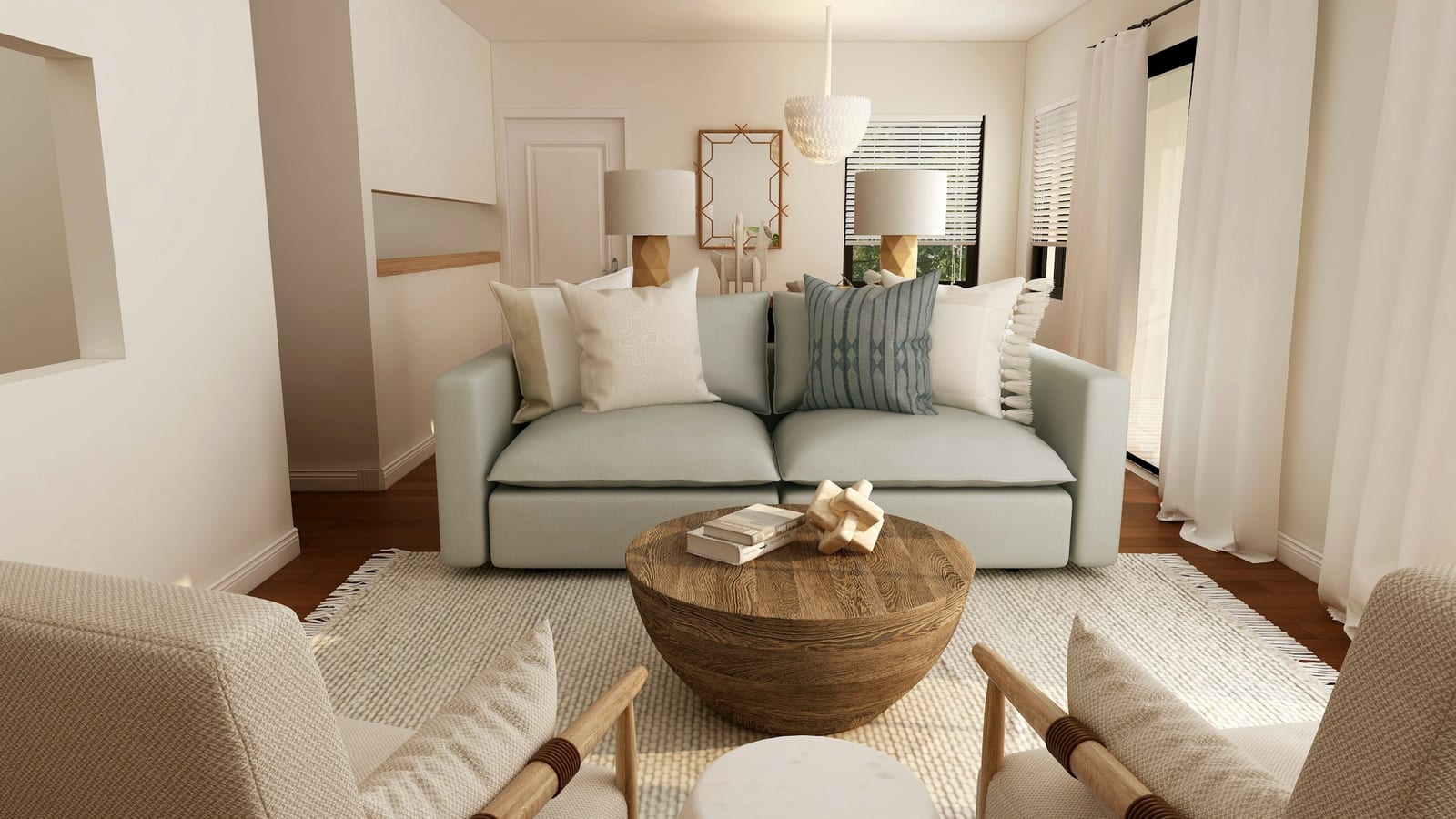 A warm, sunlit room with comfortable seating and green plants